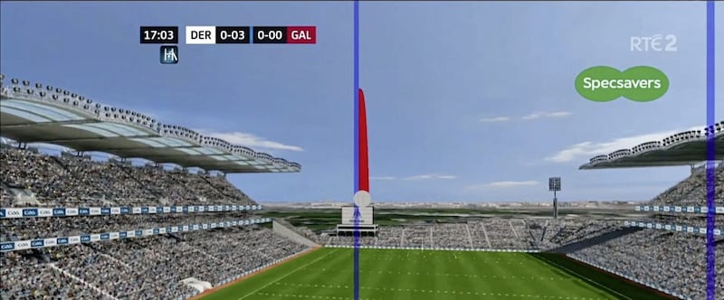 The image generated by HawkEye on Conor Glass&#39; 17th minute effort for Derry against Galway, which has been brought into question following the decision to overturn the technology&#39;s decision to rule out a Shane Walsh score for the winners on Saturday. Image: RT&Eacute; TV 