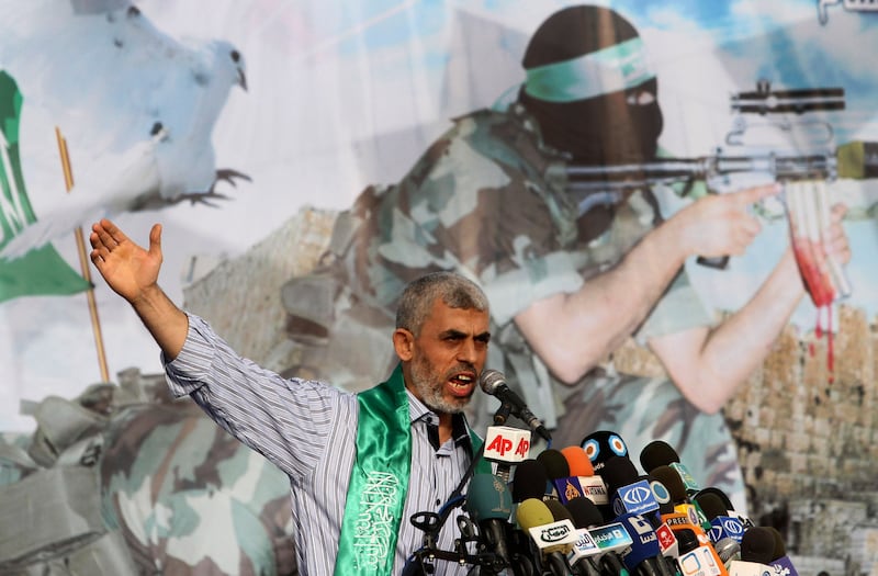 Yahya Sinwar talks during a rally in Khan Younis, southern Gaza Strip, on October 21 2011 (Hatem Moussa/AP)