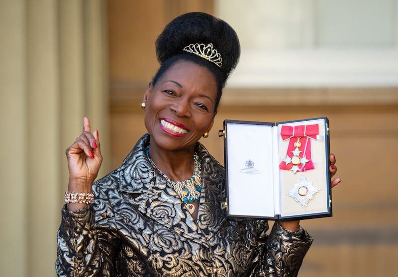 Floella Benjamin with her Dame Commander medal after being awarded her damehood by the Prince of Wales at an investiture ceremony at Buckingham Palace