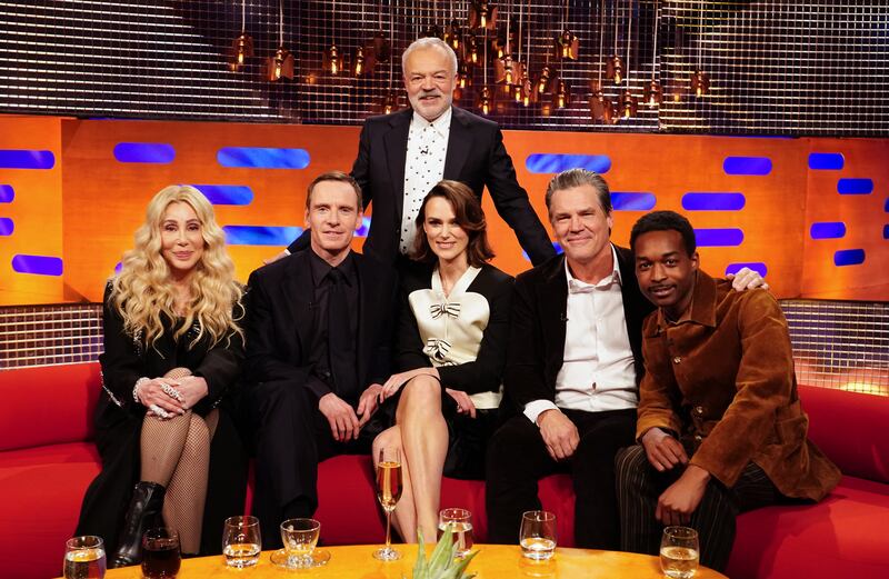 Cher, Michael Fassbender, Graham Norton, Keira Knightley, Josh Brolin and Jalen Ngonda all appear on the couch