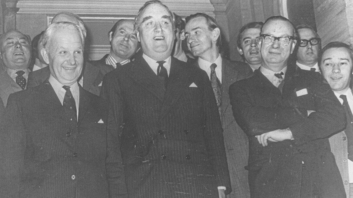 UUP Brian Faulkner, pictured left, with secretary of state William Whitelaw, pictured centre. Whitelaw said the May 1973 council elections had delivered a &quot;healthy majority&quot; in support of power-sharing proposals 