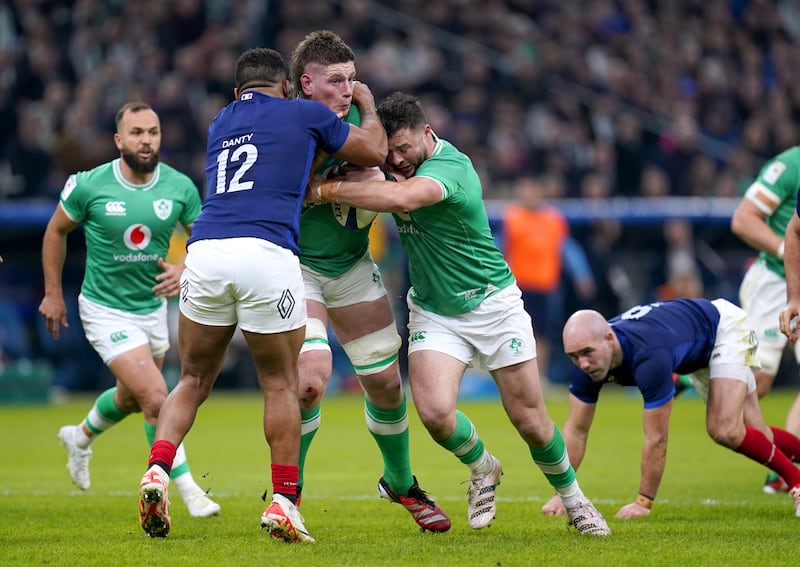 Joe McCarthy, with ball, is the youngest member of Andy Farrell’s 34-man Six Nations squad