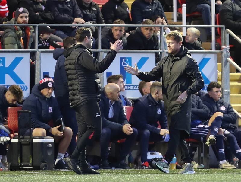 Derry City manager Ruaidhrí Higgins and Shelbourne manager Damien Duff after the FAI Cup quarter-final at the Brandywell on Saturday   Picture: Margaret McLaughlin