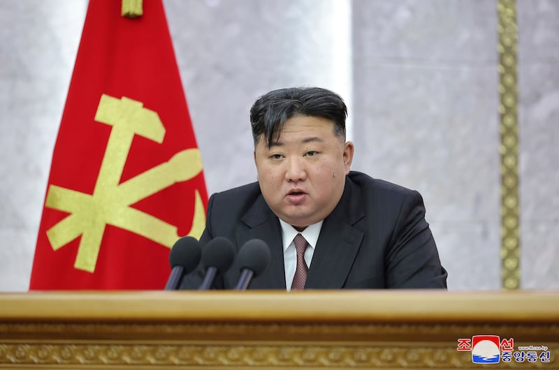 North Korean leader Kim Jong Un delivers a speech during a meeting of Central Committee of the Workers’ Party of Korea in Pyongyang (KCNA via KNS/AP)