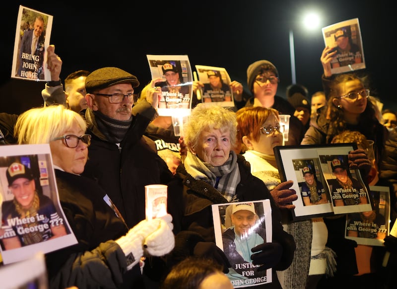 Family and Friends of John George attend a vigil at Luke’s in Twinbrook on Tuesday evening, John George 
 went missing while in Spain just before Christmas.
Also known as John Hardy, the west Belfast man did not board his return flight to Belfast from Alicante airport on December 18 as intended.
PICTURE COLM LENAGHAN