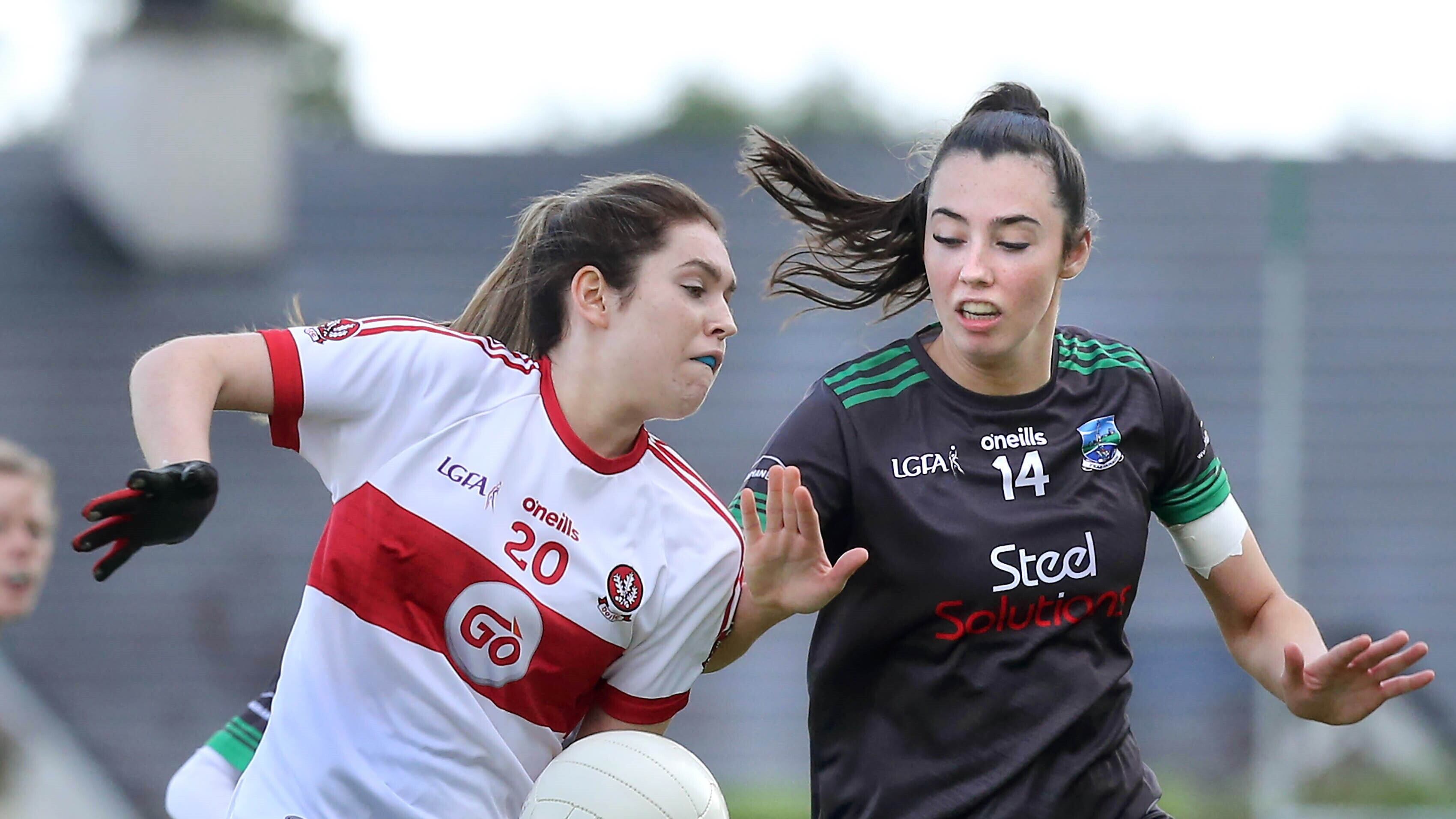 Steelstown's Orla McGeough (left) will face Northern Ireland netball team-mate Ana Mulholland when her club take on Glenavy in this weekend's Ulster Club Intermediate Ladies' Football final      Picture: Margaret McLaughlin