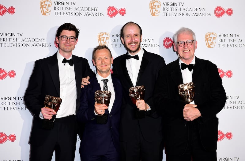 George Ormond, Marc Munden, Jack Thorne and John Chapman with their Baftas for Best Mini Series won by National Treasure in 2017