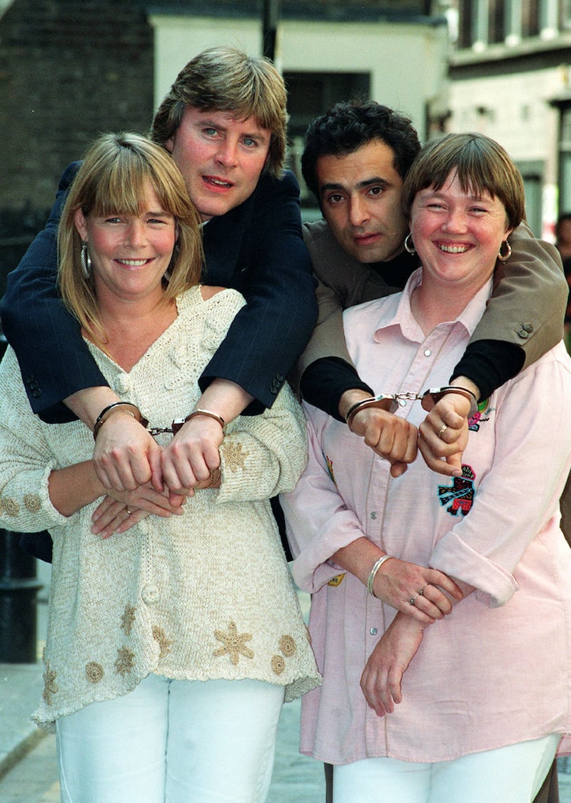 Linda Robson, left, and Pauline Quirke, who play sisters Tracey and Sharon while Alun Lewis (left back) and Peter Polycarpu play their jail-bird husbands Darryl and Chris