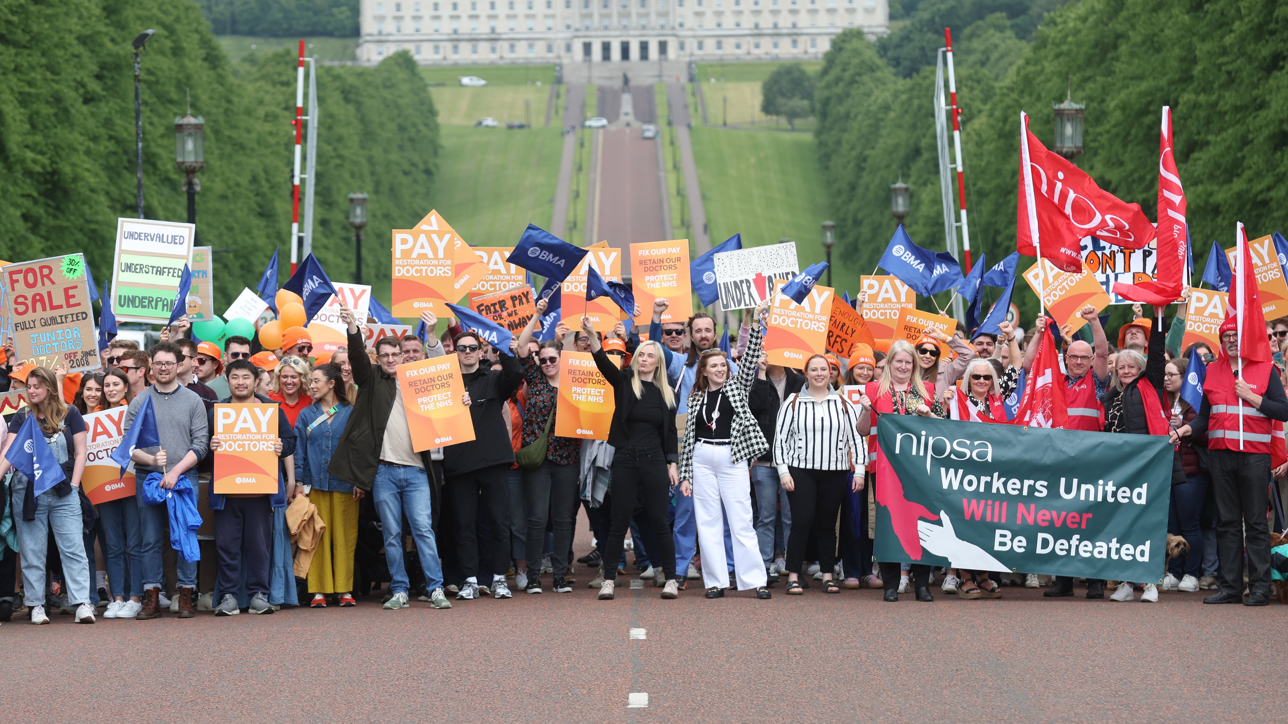Junior doctors protest at Stormont in Belfast  in a dispute over pay.
The 48-hour full walkout runs from 07:00 BST on Thursday 6 June until 07:00 on Saturday 8 June.
PICTURE COLM LENAGHAN