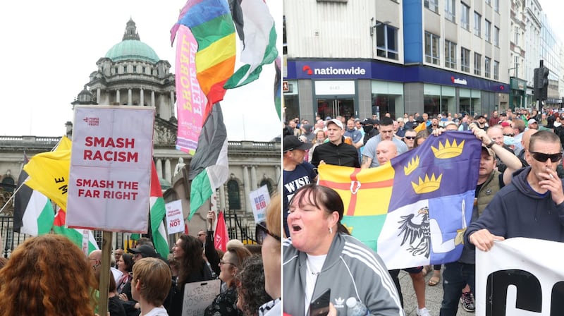 An anti-racist protest (left) and protesters opposing Islam were separated by PSNI landrovers outside Belfast City Hall on Saturday afternoon.