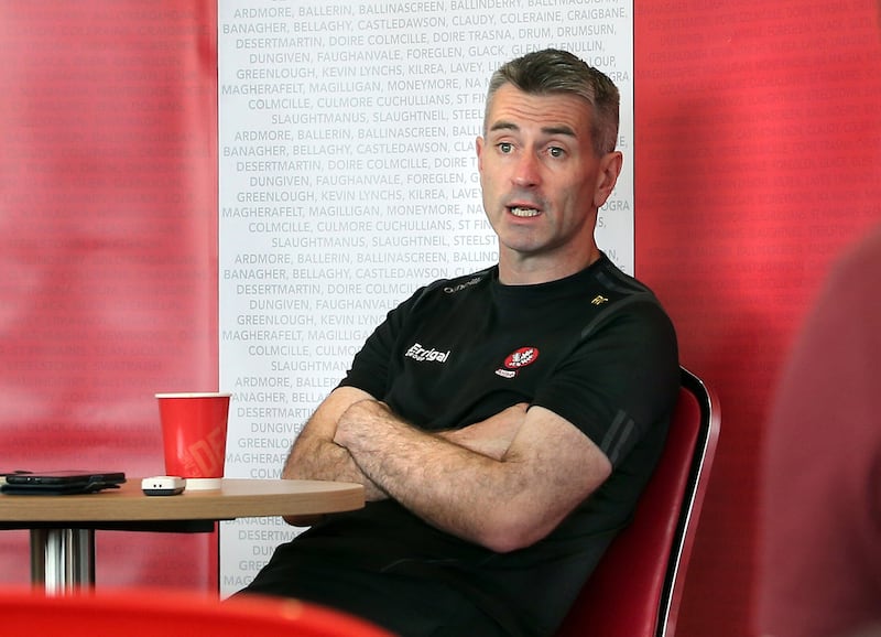 Derry manager Rory Gallagher speaking at a press day at Owenbeg in 2022 before  the All Ireland Senior Football Championship semi final where Derry played Galway at Croke Park Picture Margaret McLaughlin 1-7-2022.