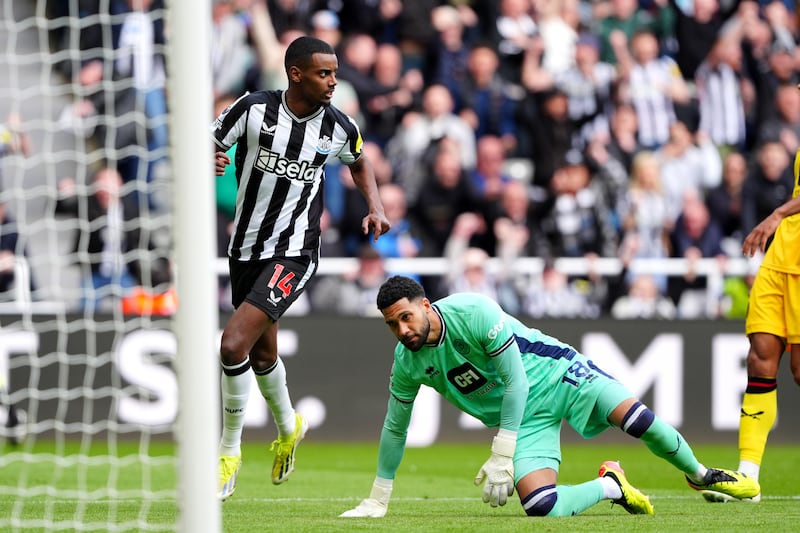 Newcastle’s Alexander Isak (left) celebrates scoring his first goal against Sheffield United