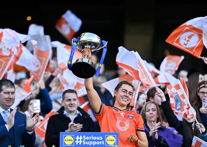 rmagh captain Clodagh McCambridge lifts the cup after the Lidl LGFA National League Division 1 final match between Armagh and Kerry at Croke Park in Dublin. Picture: Stephen Marken/Sportsfile