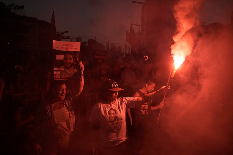 A protest took place in Tel Aviv on Sunday, marking nine months since the start of the war and calling for the release of hostages held in the Gaza Strip (AP)