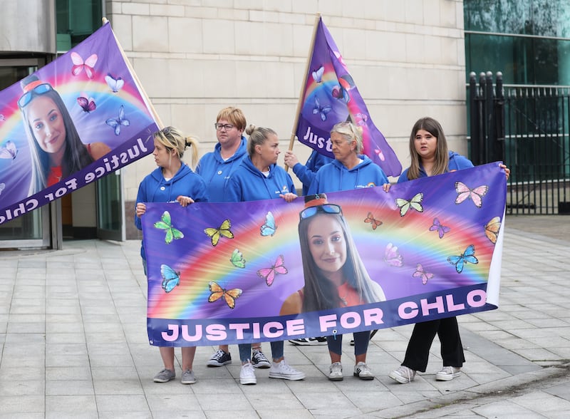 Family, friends and supporters of Ballymena murder victim Chloe Mitchell at Belfast Crown Court for an update on the case agaainst murder accused Brandon John Rainey