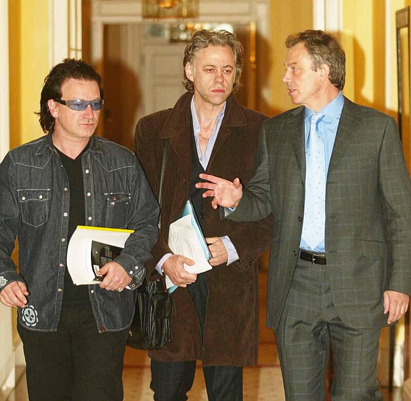 Tony Blair with Bob Geldof and Bono in No 10 Downing Street