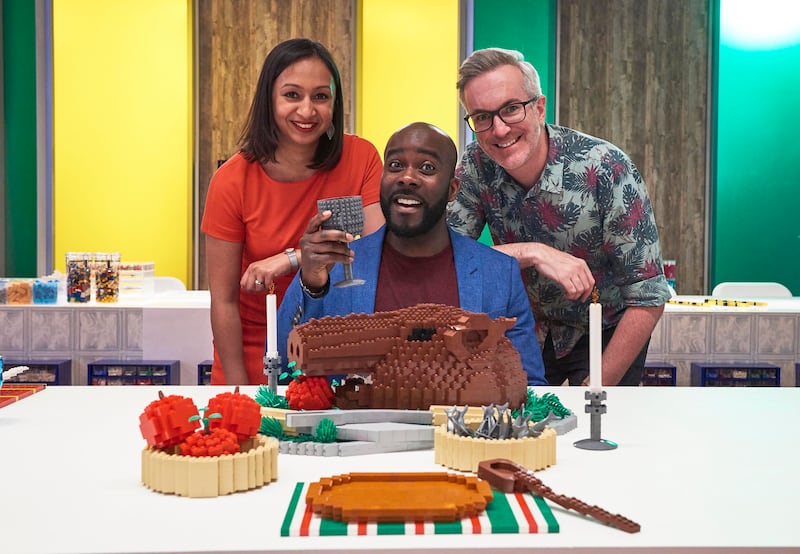 Melvin Odoom (centre) joins Lego Masters with Roma Agrawal and Matthew Aston.