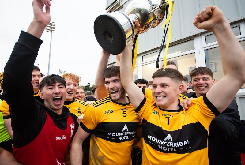 St Eunan's captain Kieran Tobin celebrates with the Dr. Maguire Cup. Photo Evan Logan