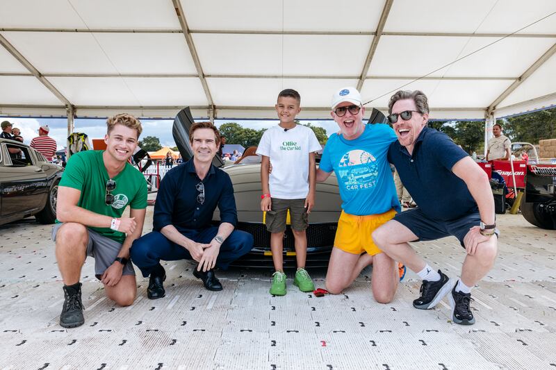 AJ with Jimmy Carr, Ollie The Car Kid, CarFest founder Chris Evans and Rob Brydon