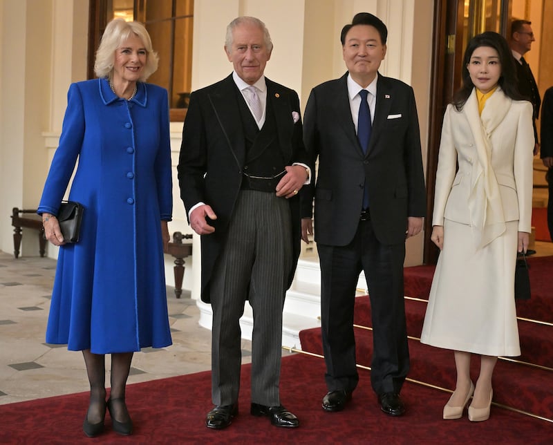 The King and Queen pose with the President of South Korea, Yoon Suk Yeol, and his wife, Kim Keon Hee, during the 2023 state visit