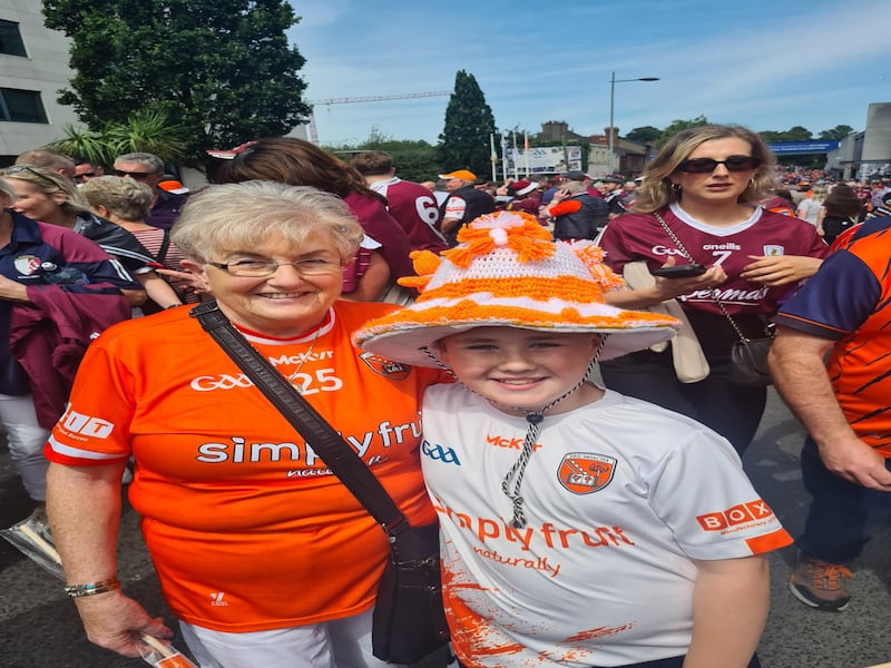 Patricia Mackin (78) and her Grandson Daithi Reavey (10) from Forkhill, wearing an Armagh hat she made for him