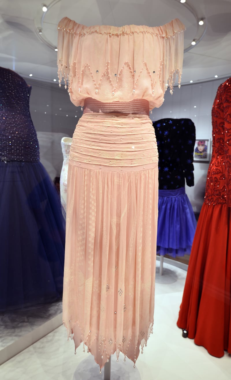 The peach pearl dress worn by Princess Diana at the state banquet in Kyoto, Japan