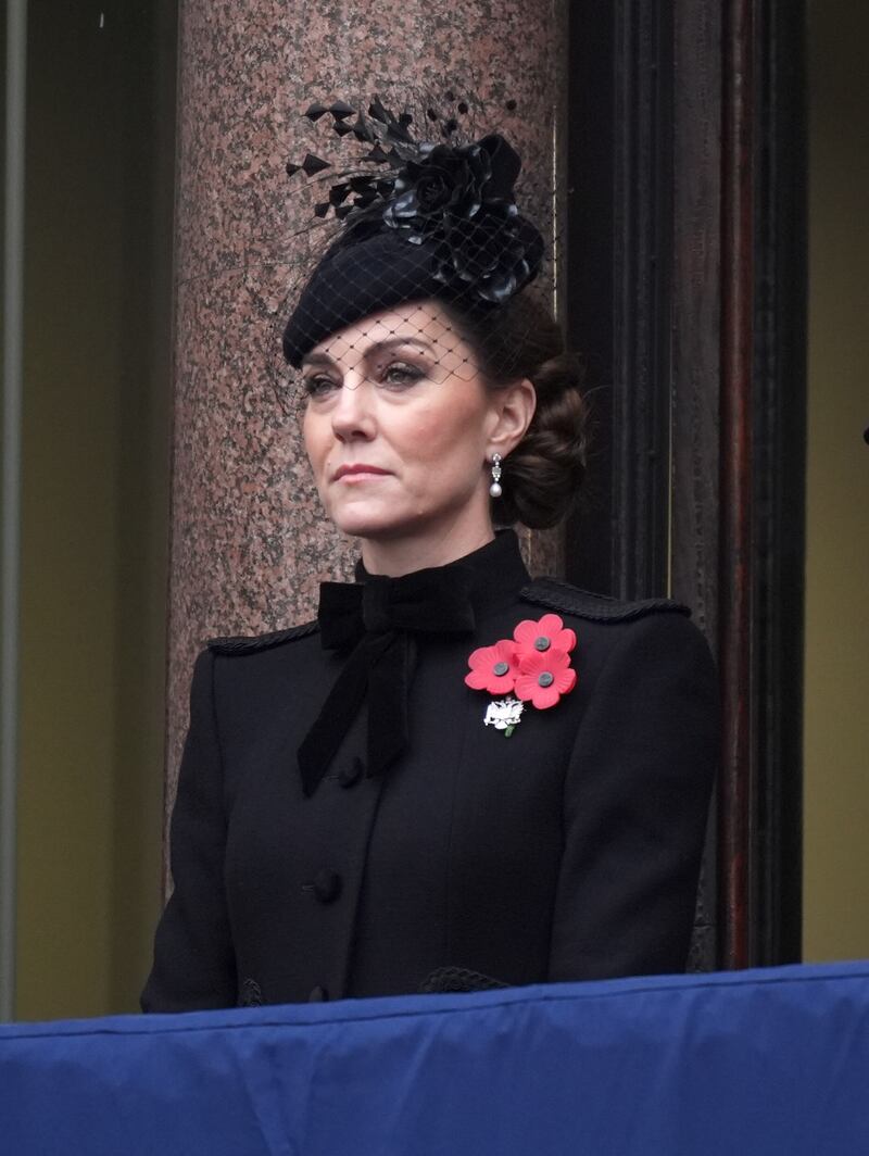 The Princess of Wales on a balcony at the Foreign, Commonwealth and Development Office (FCDO) during the Remembrance Sunday service at the Cenotaph in London. Picture date: Sunday November 10, 2024.