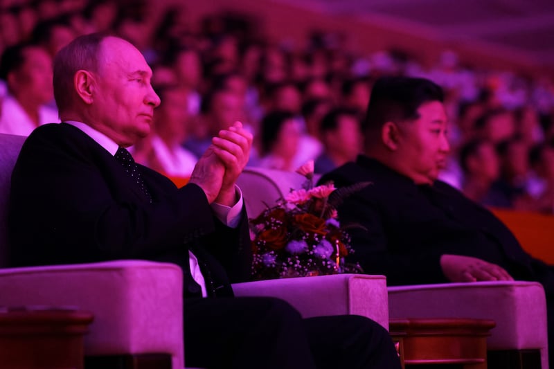 KCNA said the agreement states that if one of the countries is pushed into a state of war, the other must deploy “all means at its disposal without delay”. (Sputnik, Kremlin Pool Photo via AP)