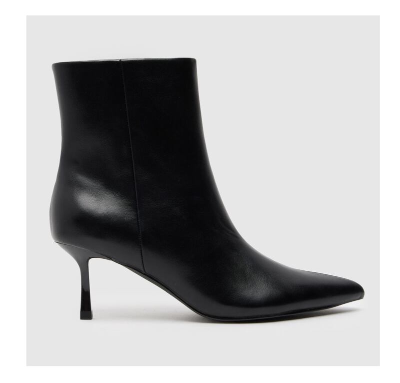 Black pointed leather ankle boot with kitten heel