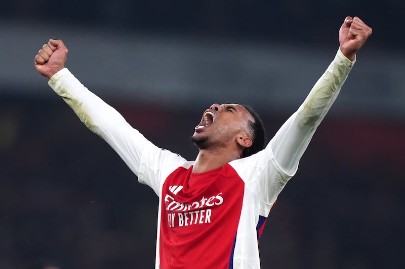 Arsenal’s Gabriel celebrates following a 2-1 victory over Tottenham in the Premier League