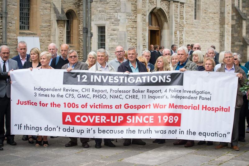 Members of the families of people who died at Gosport War Memorial Hospital outside Portsmouth Cathedral after the disclosure of the Gosport Independent Panel’s report