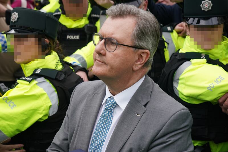 Former DUP leader Sir Jeffrey Donaldson leaving Newry Magistrates’ Court after he was released on continuing bail on a number of historical sex charges