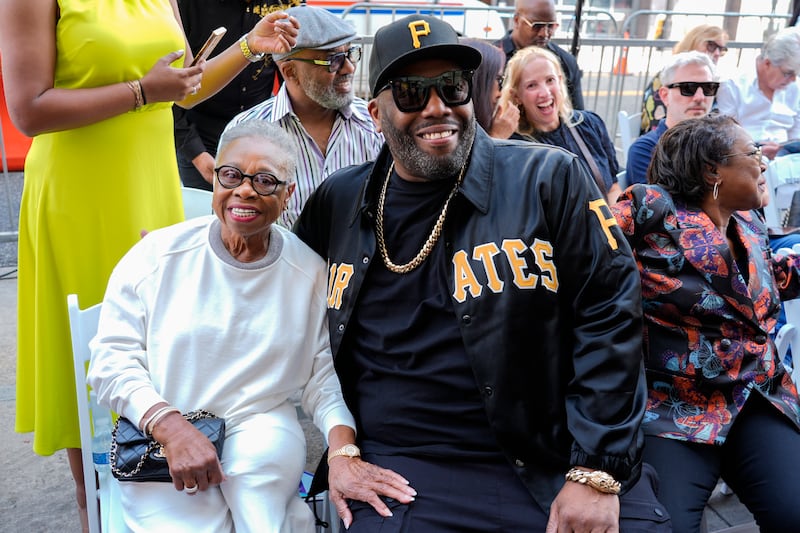 Zelma Redding, left, and Killer Mike attend a ceremony honouring Otis Redding with a star on the Hollywood Walk of Fame (Chris Pizzello/AP)