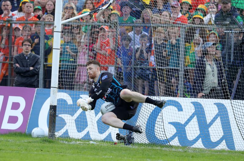Donegal's Shaun Patton saves a penalty at the end of the Ulster GAA Football Senior Championship Final between Armagh and Donegal at St Tiernach's  Park, Clones. Picture by Philip Walsh