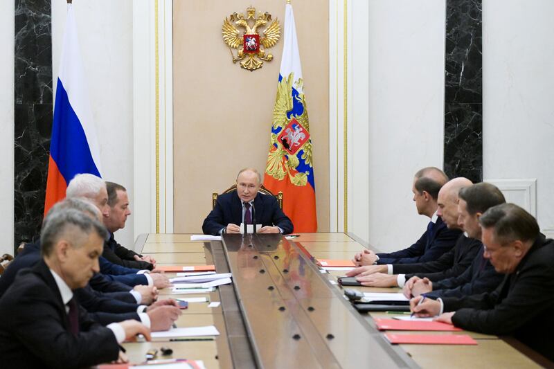 Russian President Vladimir Putin speaks at the Security Council meeting on nuclear deterrence at the Kremlin (Alexei Nikolsky, Sputnik, Kremlin Pool Photo via AP)