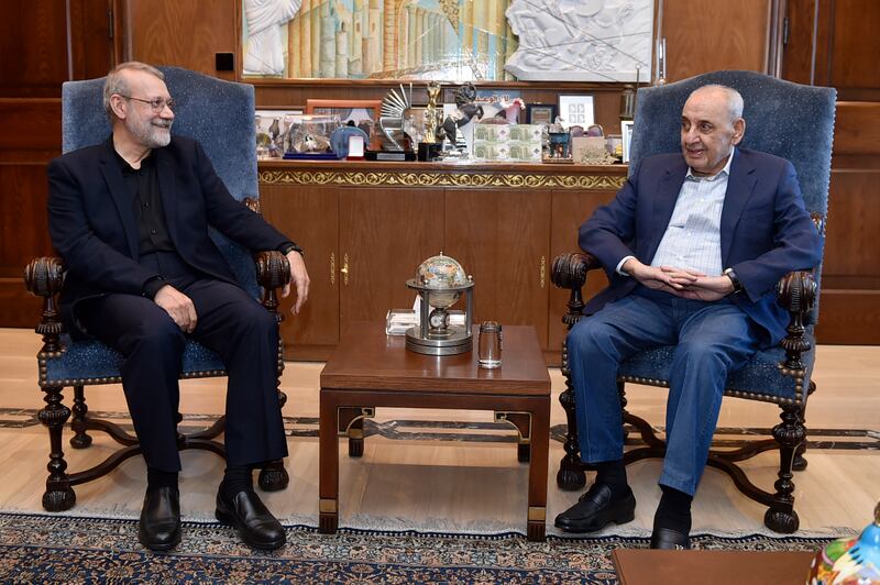 Lebanese parliament speaker Nabih Berri, right, meets Ali Larijani, an adviser to Iran’s supreme leader Ali Khamenei, in Beirut, Lebanon (Hassan Ibrahim, Lebanese Parliament media office via AP)