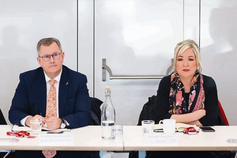 Will DUP leader Sir Jeffrey Donaldson and Sinn Féin Vice President Michelle O'Neill sitting at a table in Erskine House, Belfast