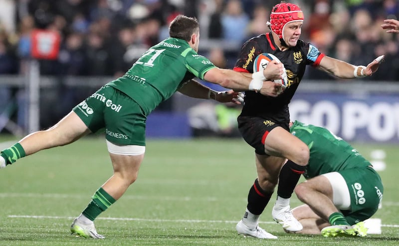 Ulster Rugby Mike Lowry  and Connacht  Caolin Blade  during Saturday nightÕs  BKT United Rugby Championship match at Kingspan Stadium.
Picture by Brian Little