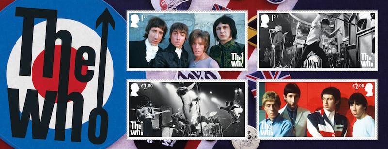 A miniatures sheet of Royal Mail stamps featuring portraits of The Who