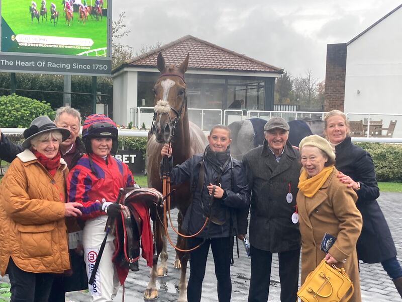 Celebrations for jockey Olive Nicholls, her mother trainer Georgie Nicholls (far right) and the team after Thank You Ma’am’s third place at Kempton. Fiona Browne