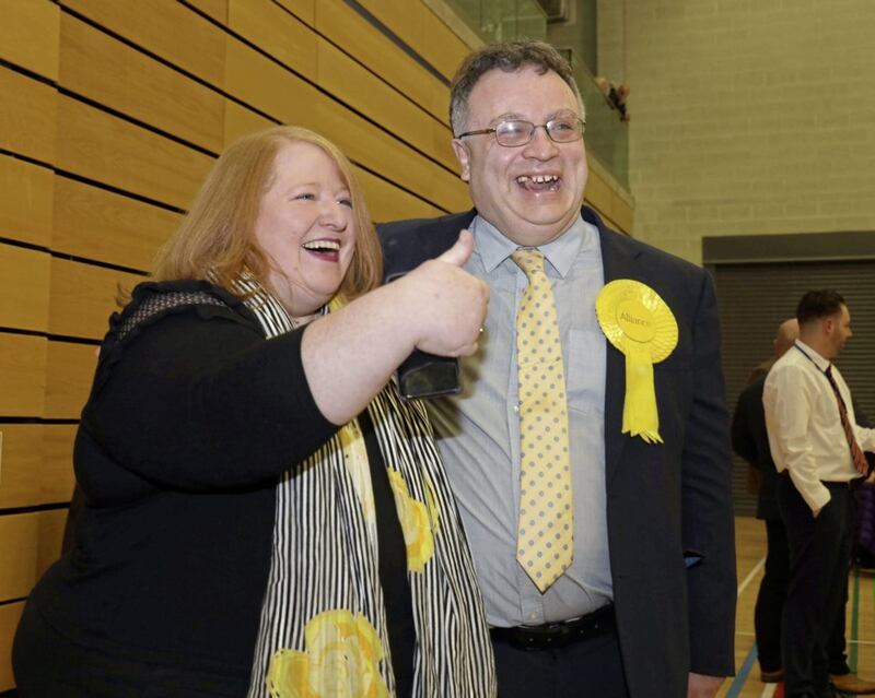 The success of Alliance Party candidates east of the Bann in local elections has driven the unionist majority down in counties Antrim and Down. Pictured are party leader Naomi Long and MP Stephen Farry. 