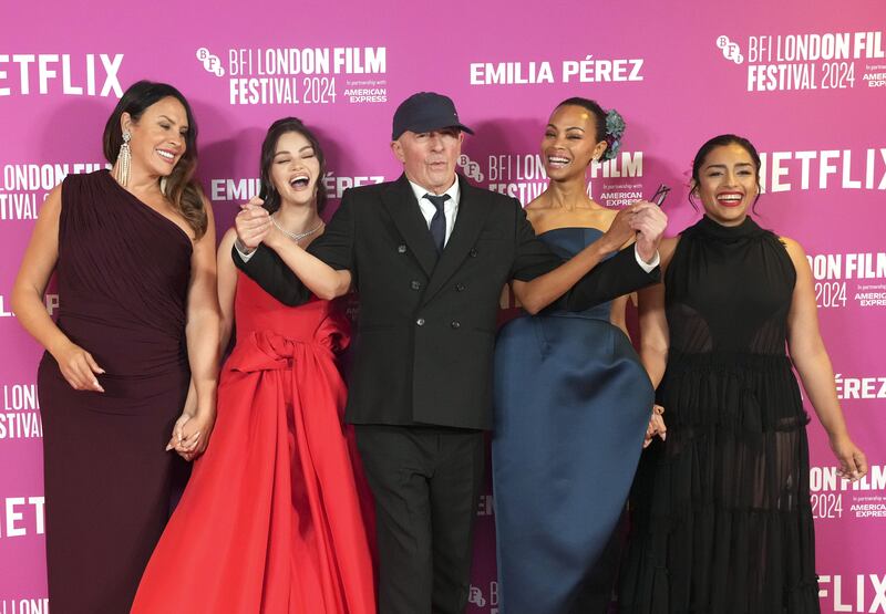 (left to right) Karla Sofia Gascon, Selena Gomez, Jacques Audiard, Zoe Saldana and Adriana Paz, from Emilia Perez