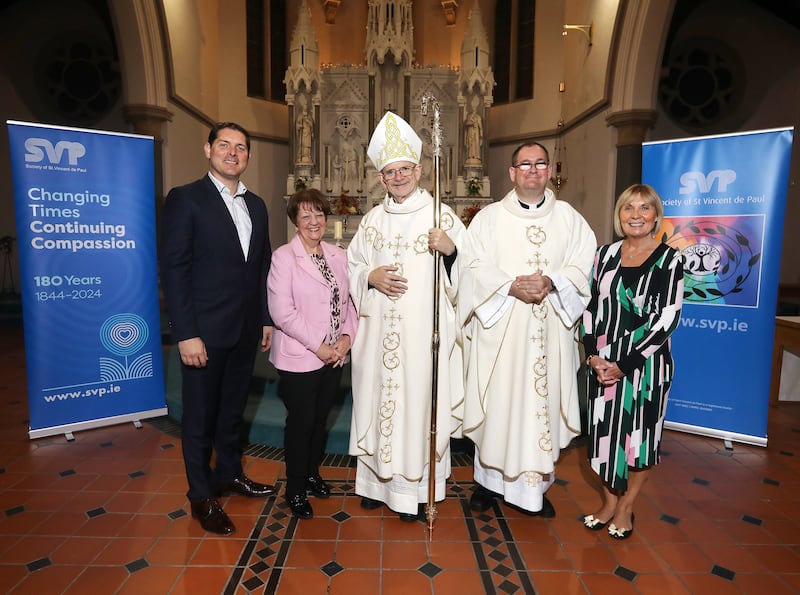 Most Reverend Alan McGuckian SJ, Bishop of Down and Connor, is joined by SVP Ambassador Malachi Cush, SVP Regional President Mary Waide, Fr Vincent Cushnahan, and Pauline Brown, SVP Regional Manager, at St Vincent de Paul Parish Church Ligoniel, in Belfast.