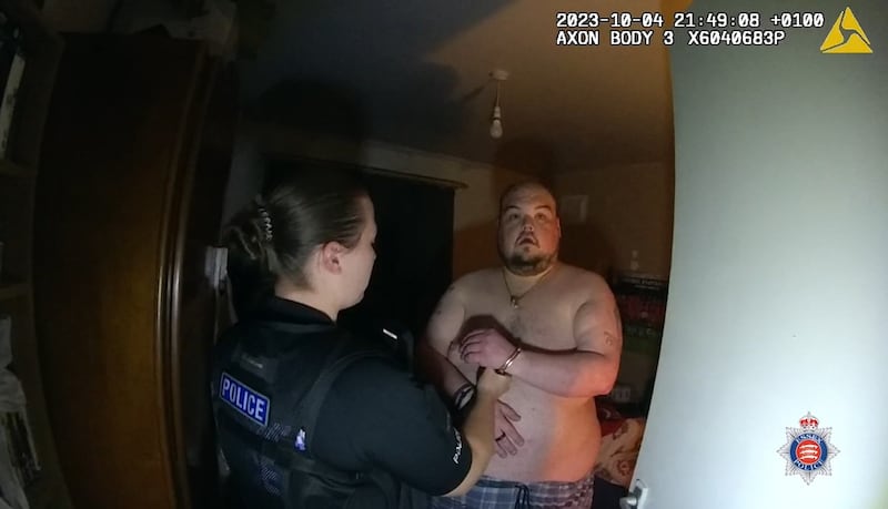 Videograb image from police body-worn video footage of the arrest of Gavin Plumb