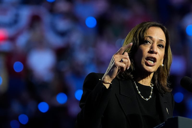 Democratic presidential nominee Vice President Kamala Harris speaks during a campaign rally at the Alliant Energy Centre in Madison (Jacquelyn Martin/AP)