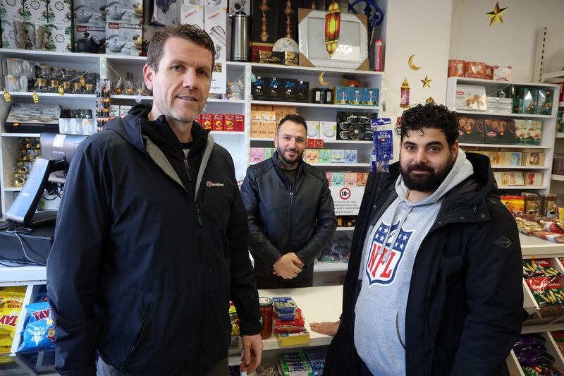 Fred P Rooney,  Eoghan O Garmaile and Khalid El-Astal at Glor na Mona in west Belfast. PICTURE: MAL MCCANN