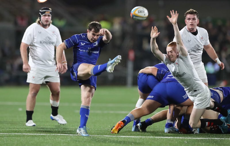 Ulster Rugby's Nathan Doak and Leinster Luke McGrath during Friday night's BKT United Rugby Championship match at Kingspan Stadium