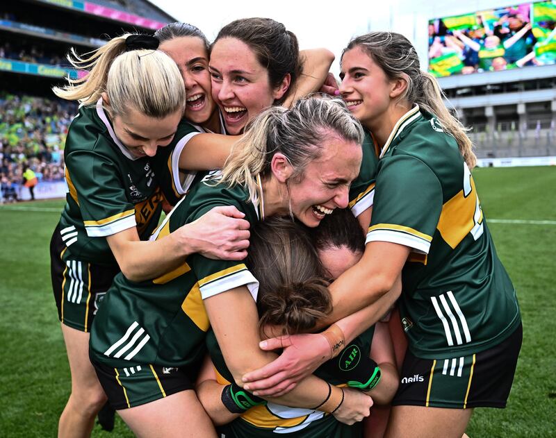 Kerry players celebrate after their side's victory in the TG4 All-Ireland Ladies Football Senior Championship final match between Galway and Kerry at Croke Park in Dublin. Photo by Piaras Ó Mídheach/Sportsfile