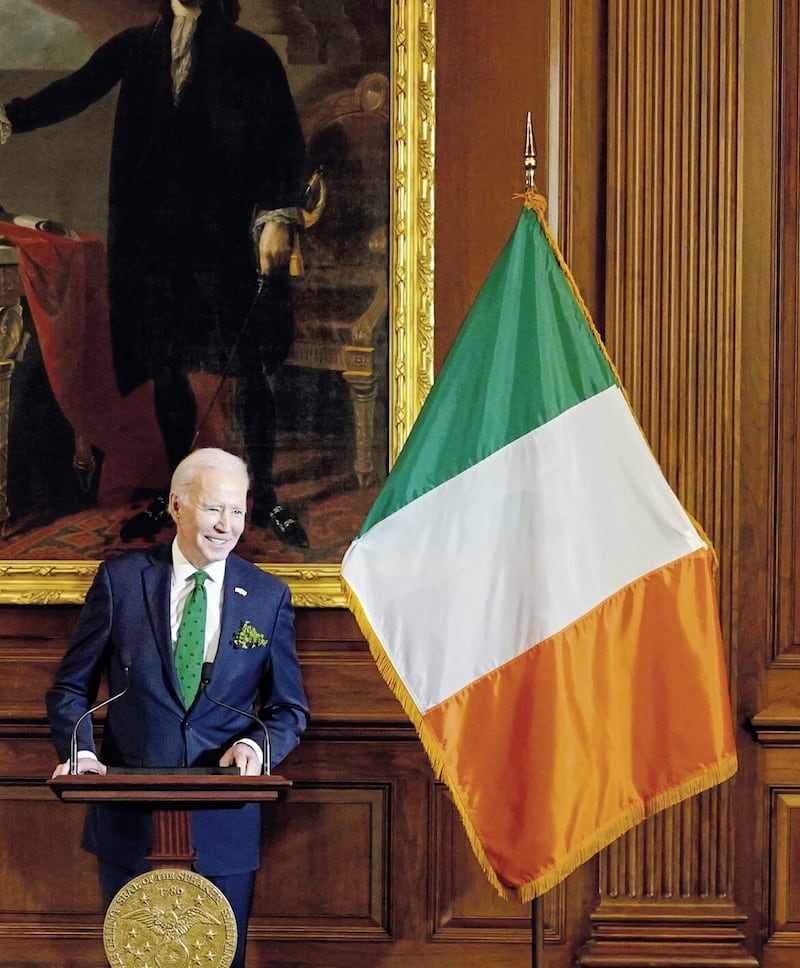 President Joe Biden speaks at the annual &quot;Friends of Ireland Luncheon&quot; on Capitol Hill in Washington, Thursday, March 17, 2022. (AP Photo/Patrick Semansky). 