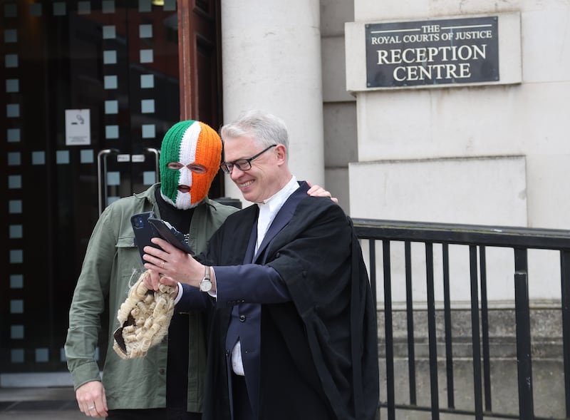 Belfast rap group Kneecap member DJ Próvaí at Belfast High Court on Thursday. Kneecap took legal action after it was blocked from getting a £15,000 grant.
PICTURE COLM LENAGHAN
